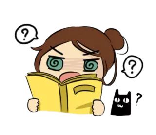 😵 confuso, domanda, ragazza, libro, lettura, gatto, cartone animato whatsapp sticker
