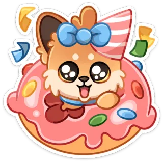 🥳 anjing, donat, pesta, imut, binatang, kawaii, perayaan, stiker whatsapp sticker