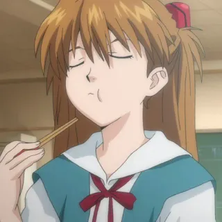 🍣 Asuka Langley Sohryu Neon Genesis Evangelion anime, character, eating, chopsticks, school uniform telegram sticker