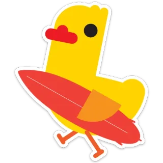 🏄 kaczka, deska surfingowa, żółty, czerwony, pomarańczowy, kreskówka, zwierzę, plaża telegram sticker