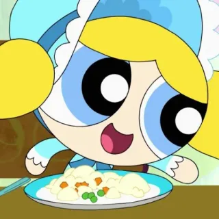 ❄️ Bubbles The Powerpuff Girls Мультфильм, Пузыри, Суперкрошки, Еда, Тарелка, Синий telegram sticker