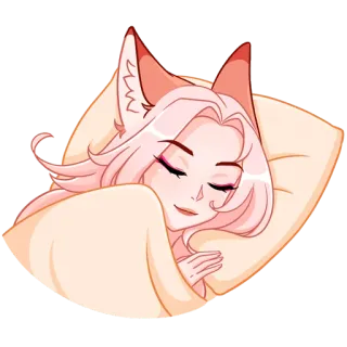 😴 tidur, anime, gadis, rubah, telinga, rambut merah muda, imut, bantal, selimut telegram sticker