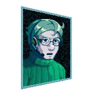😒 pixel art, portrait, character, glasses, green hair, video game, headset telegram sticker