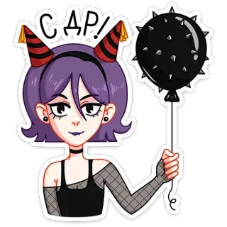 🥳 CAP! Cartoon, Frau, Ballon, Goth, Party, Mütze telegram sticker