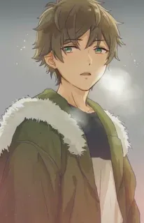 😢 Anime, Stile anime, Cartone animato, Illustrazione, Ragazzo, Cappotto invernale telegram sticker