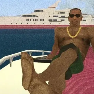 🌟 CJ Grand Theft Auto CJ, Grand Theft Auto, Personagem de videogame, Óculos de sol, Iate, Praia, Relaxamento whatsapp sticker