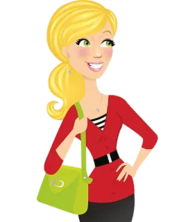 😁 dessin animé, femme, blonde, sac vert, pull rouge, mode telegram sticker