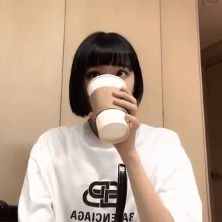 🥐 woman, drinking, coffee, person, t-shirt, beverage, indoor telegram sticker
