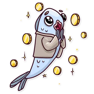 🦄 fish, coins, cartoon, animal, wealth, shiny telegram sticker