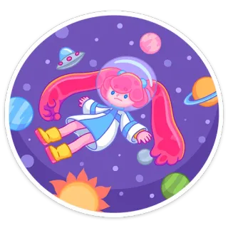 👩‍🚀 espace, astronaute, dessin animé, fille, planètes, étoiles, univers whatsapp sticker