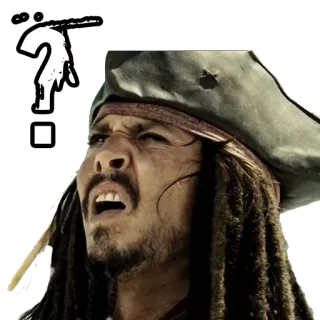 ❓ Jack Sparrow Pirates of the Caribbean 해적, 질문, 혼란스러움, 남자, 모자, 드레드락, 바다 whatsapp sticker