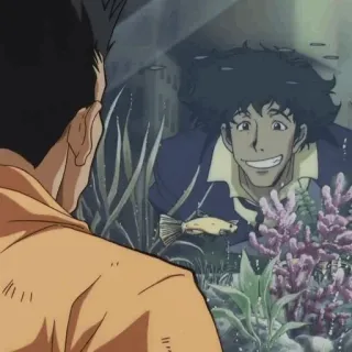 🚀 Spike Spiegel Cowboy Bebop 애니메이션, 카우보이 비밥, 스파이크 스피겔, 반사, 물고기, 수족관 whatsapp sticker