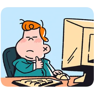 👍 pensando, computador, usuário, escritório, desenho animado, tecnologia telegram sticker