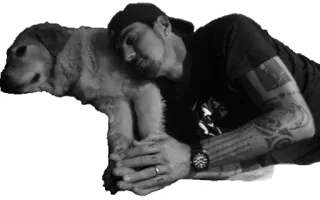 😴 man, dog, pet, animal, friendship, tattoo, hat, grayscale telegram sticker