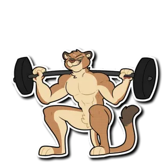 💪 antropomorficzny, lew, podnoszenie ciężarów, fitness, ćwiczenia, kreskówka, mięsień telegram sticker