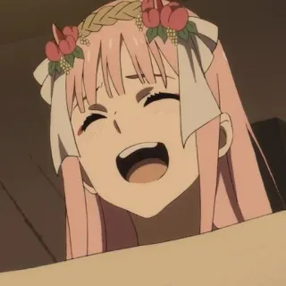 🥡 Zero Two Darling in the Franxx anime, Zero Two, Darling in the Franxx, smiling, girl, pink hair, flower crown telegram sticker