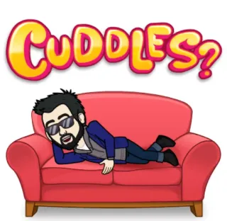😘 Cuddles? carinhos, desenho animado, homem, sofá, bitmoji, pergunta telegram sticker