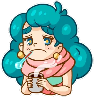 🤒 doente, mal, gripe, termômetro, desenho animado, mulher, resfriado, café telegram sticker