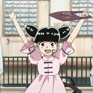 🥳 动漫女孩, 快乐, 粉色连衣裙, 卡通人物, 高兴, 举起手臂 telegram sticker
