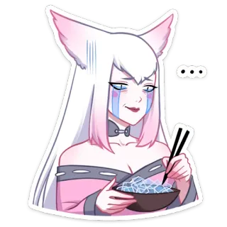 🧊 anime girl, eating, illustration, cat ears, crying, pink, kawaii telegram sticker