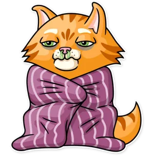 🤒 แมว, ป่วย, หวัด, ไข้หวัดใหญ่, ผ้าห่ม, แมวส้ม, สัตว์, การ์ตูน whatsapp sticker