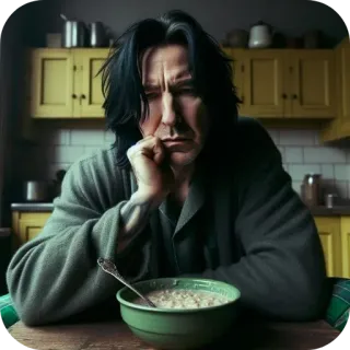 😕 Severus Snape Harry Potter professor, sorrow, sad, eating, breakfast, table, spoon telegram sticker