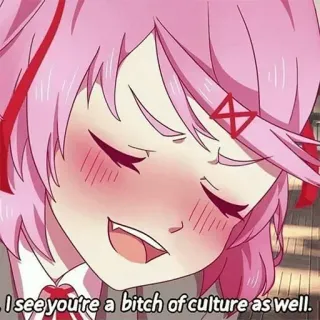 💖 Natsuki Doki Doki Literature Club! I see you're a bitch of culture as well. Аниме, Манга, Мем, Обидный, Милый, Культура, Doki Doki Literature Club telegram sticker