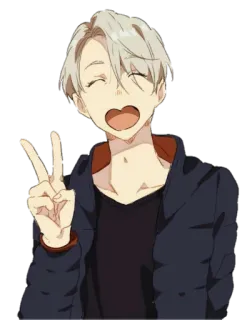 😄 Victor Nikiforov Yuri on Ice Anime, Dibujos animados, Signo de paz, Personaje, Sonriendo, Lindo, Fanart telegram sticker