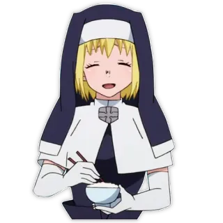 👩 Iris Fire Force anime, female, nun, rice, eating, chibi whatsapp sticker