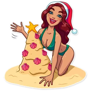 👋 bikini, beach, christmas, santa hat, sandcastle, woman, seashells telegram sticker