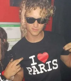 😍 I HEART PARIS man, sunglasses, curly hair, t-shirt, I love Paris, fashion, young adult telegram sticker