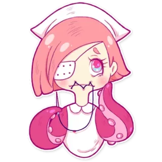 😖 stile anime, capelli rosa, infermiera, un occhio, benda, carino, chibi whatsapp sticker