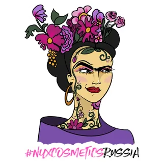 🤨 #NUXCOSMETICSRUSSIA Frida Kahlo, Frau, Blumen, Porträt, Kosmetik, Make-up telegram sticker