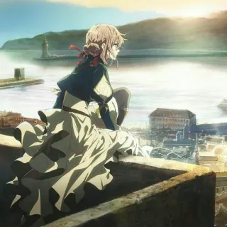 ☹️ Violet Evergarden anime, girl, dress, sunset, sea, city telegram sticker