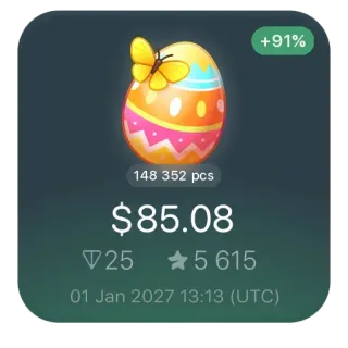 🥚 +91%
148 352 pcs
$85.08
25 5 615
01 Jan 2027 13:13 (UTC) 鸡蛋, 蝴蝶, 金融, 未来, 数字资产, 货币 telegram sticker