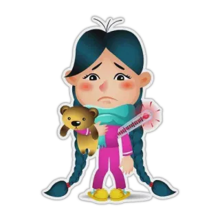 🤒 아픈, 소녀, 독감, 테디 베어, 체온계, 아이 whatsapp sticker