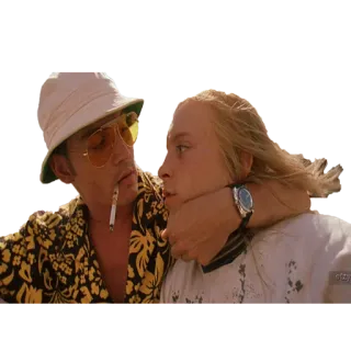 😕 Raoul Duke Fear and Loathing in Las Vegas Johnny Depp, Benicio Del Toro, Fear and Loathing in Las Vegas, movie, drug use, smoking, choking whatsapp sticker