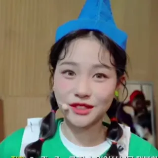 💚 제가 다 갚을 수 있을까요? woman, blue hat, pigtails, green shirt, Korean, entertainment telegram sticker