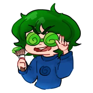 🤪 dibujo animado, personaje, pelo verde, ojos espiral, artista, pincel telegram sticker