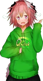 😨 Quick Anime, Dibujos animados, Verde, Sudadera con capucha, Personaje, Astolfo telegram sticker