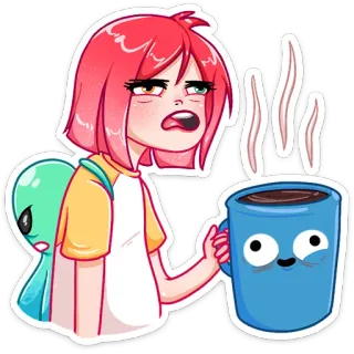 ☕️ girl, alien, coffee, cartoon, sticker, illustration, cute, funny whatsapp sticker