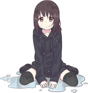 💦 Anime, Meisje, Schattig, Kawaii, Zittend, Hoodie, Water whatsapp sticker