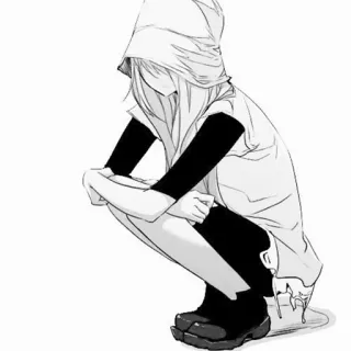 😐 Anime, Manga, Felpa con cappuccio, Accovacciato, Personaggio, Bianco e nero, Arte telegram sticker