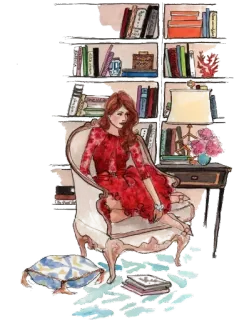 😁 mulher, vestido vermelho, poltrona, estante, ilustração, moda, decoração whatsapp sticker