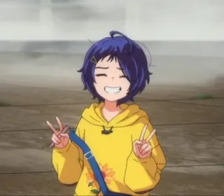 🌻 anime, girl, peace sign, smiling, yellow hoodie, character, cartoon telegram sticker