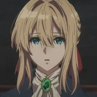 😪 Violet Evergarden Anime, capelli biondi, occhi blu, ritratto, personaggio femminile telegram sticker