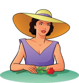 🌹 femme, chapeau, rose, fleur, robe violette, illustration, mode, beauté telegram sticker