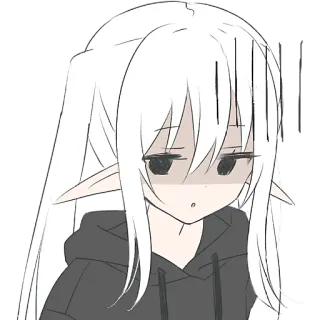 😶 Anime, Ragazza, Triste, Felpa con cappuccio, Capelli bianchi, Cartone animato, Elfo telegram sticker