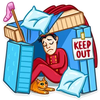 🙆 KEEP OUT hombre, gato, fuerte, prohibido el paso, almohada, triste, casa, doméstico telegram sticker