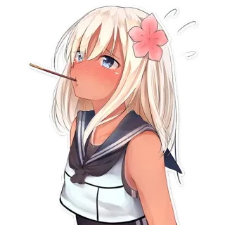 ☺️ garota anime, flor, barra de chocolate, cabelo loiro, uniforme escolar, rubor, fofa, mangá telegram sticker
